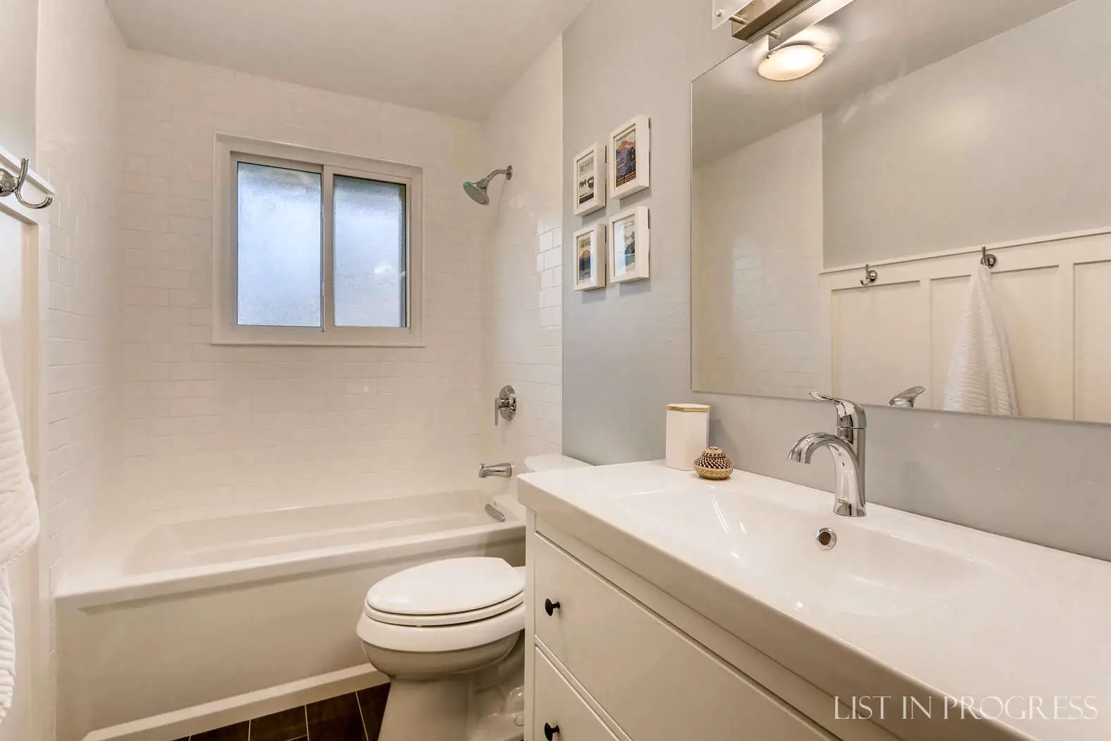 bathroom with white subway tile and ikea hemnes vanity