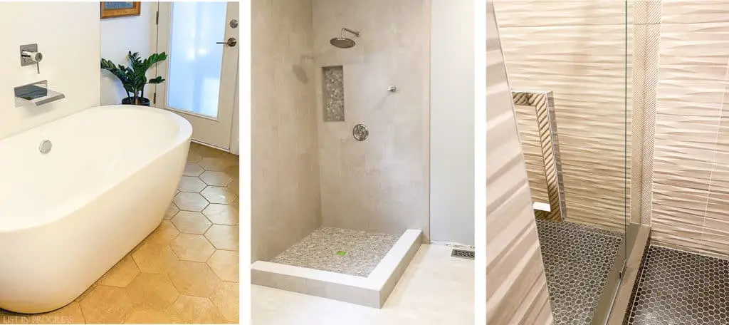 three bathrooms with porcelain tile on floor, walls, and in showers, the best flooring for bathrooms