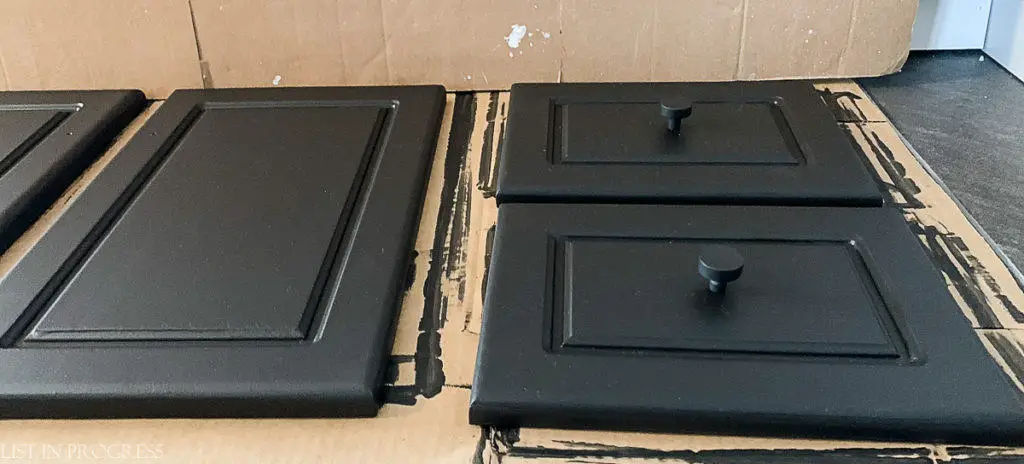 black vanity doors with modern cabinet knobs