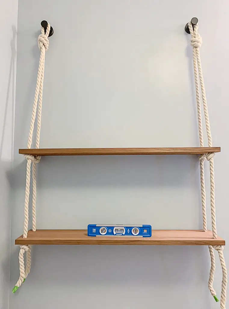 level shelves on hanging rope shelves in bathroom