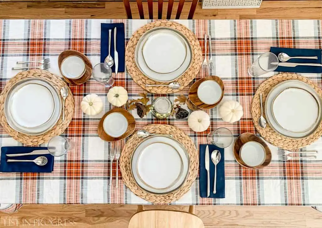 seasonal table decor with plaid tablecloth