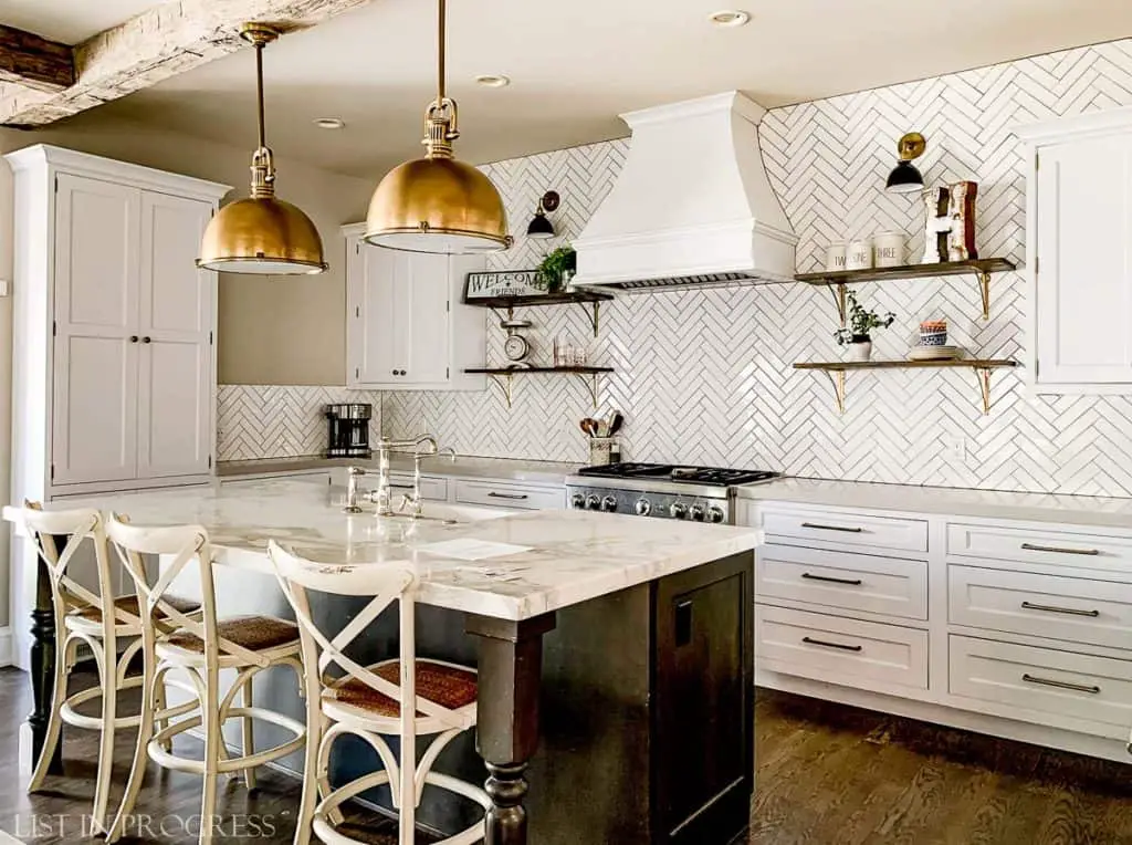 long pulls and small knobs in white kitchen