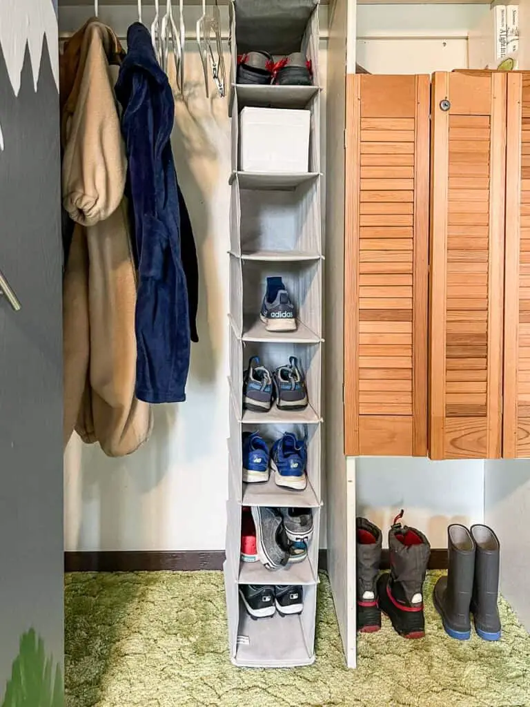 entry closet storage ideas with shoe organizer